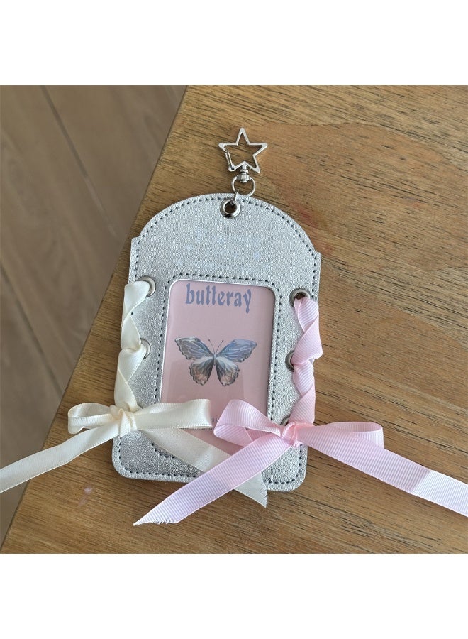 NIBEMINENT 1 - Piece Ballet Ribbon Silver LeatherKpop Photo Card Holder Pendant Key Chain ID Badge Holder ID Card Holder Photo Card Protector for School ID Office ID Access Card for Women Girls - Image 1