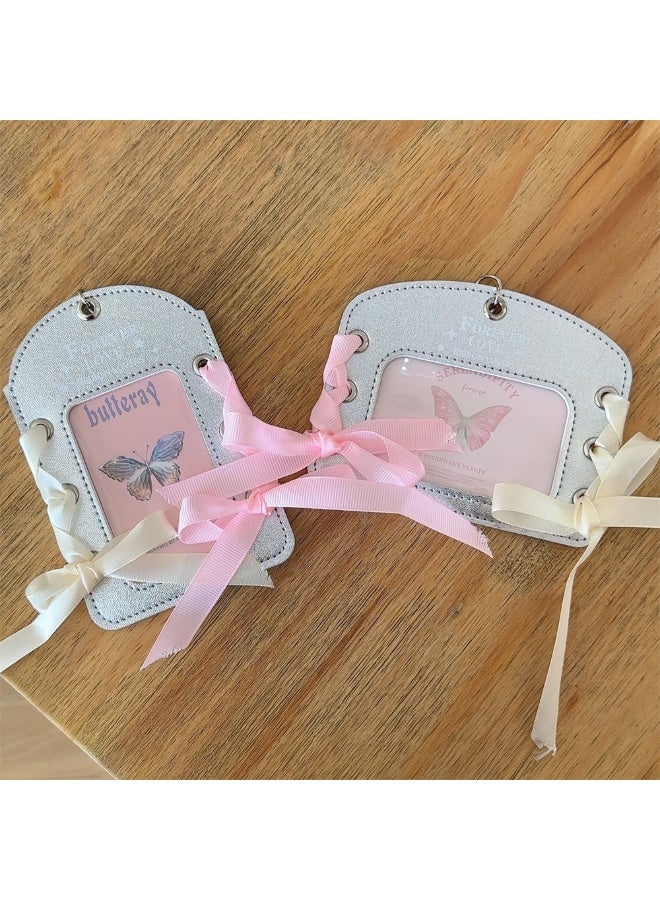 NIBEMINENT 1 - Piece Ballet Ribbon Silver LeatherKpop Photo Card Holder Pendant Key Chain ID Badge Holder ID Card Holder Photo Card Protector for School ID Office ID Access Card for Women Girls - Image 3