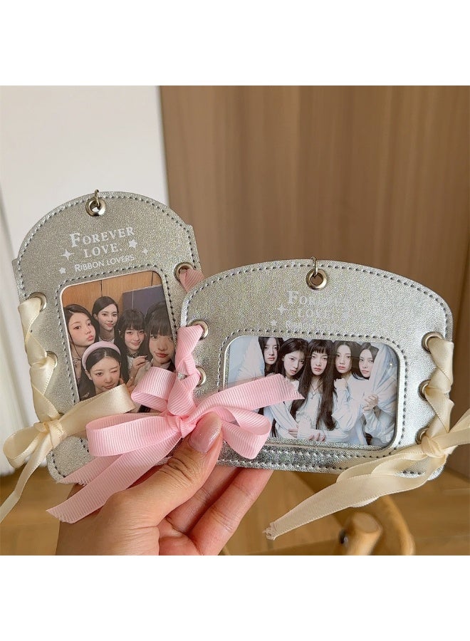 NIBEMINENT 1 - Piece Ballet Ribbon Silver LeatherKpop Photo Card Holder Pendant Key Chain ID Badge Holder ID Card Holder Photo Card Protector for School ID Office ID Access Card for Women Girls - Image 2