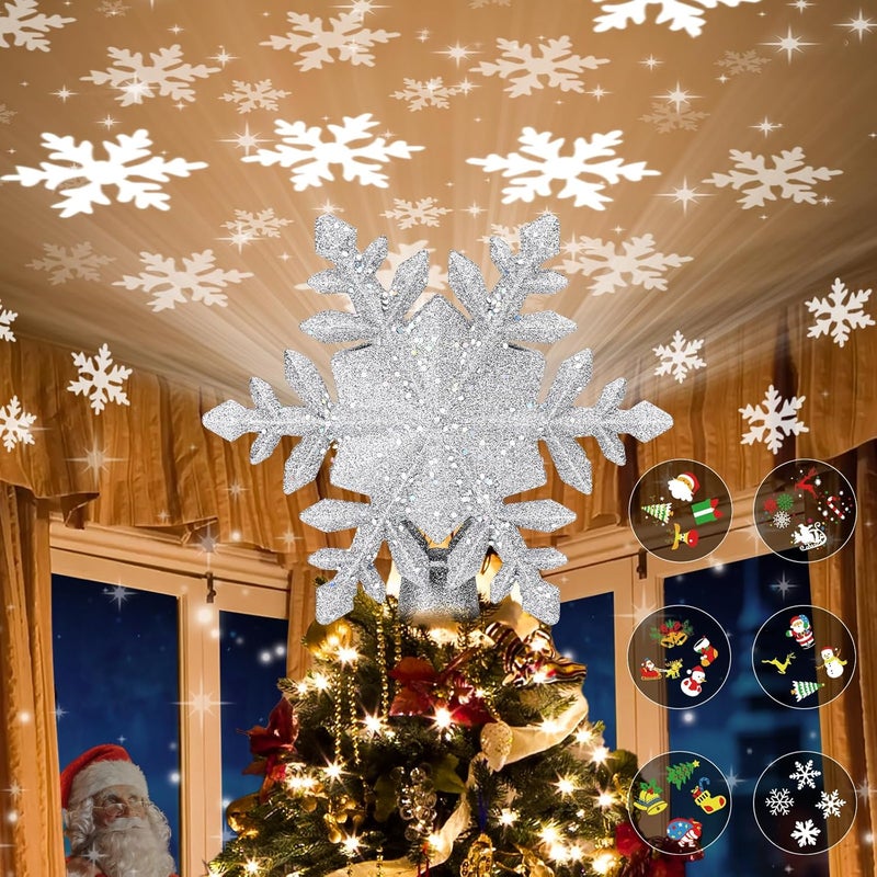 Sunvigor Christmas Tree Topper Lighted with 6 Projection Modes,Christmas Star Tree Topper Built-in LED Rotating Projector Lights 3D Christmas Tree Decorations for Xmas Party Holiday Decor(Silver Snowflake) - Image 1