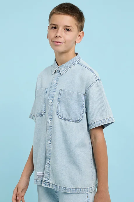 أر أند بي Washed Shirt with Classic Collar and Short Sleeves