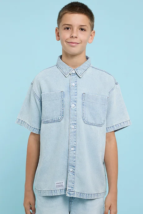 أر أند بي Washed Shirt with Classic Collar and Short Sleeves