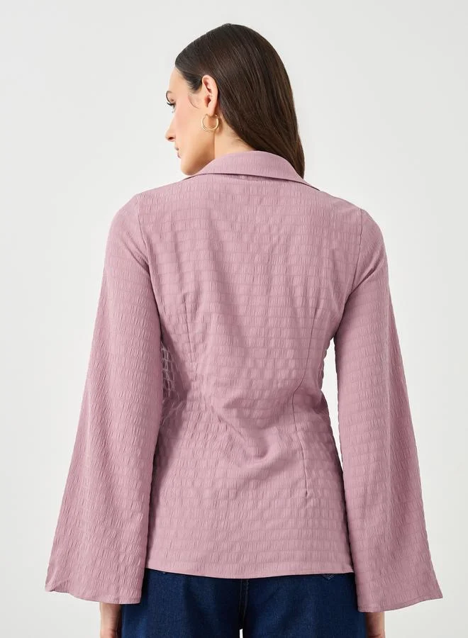 Styli Styli Purple Textured V-Neck Button Flared Sleeve Shirt