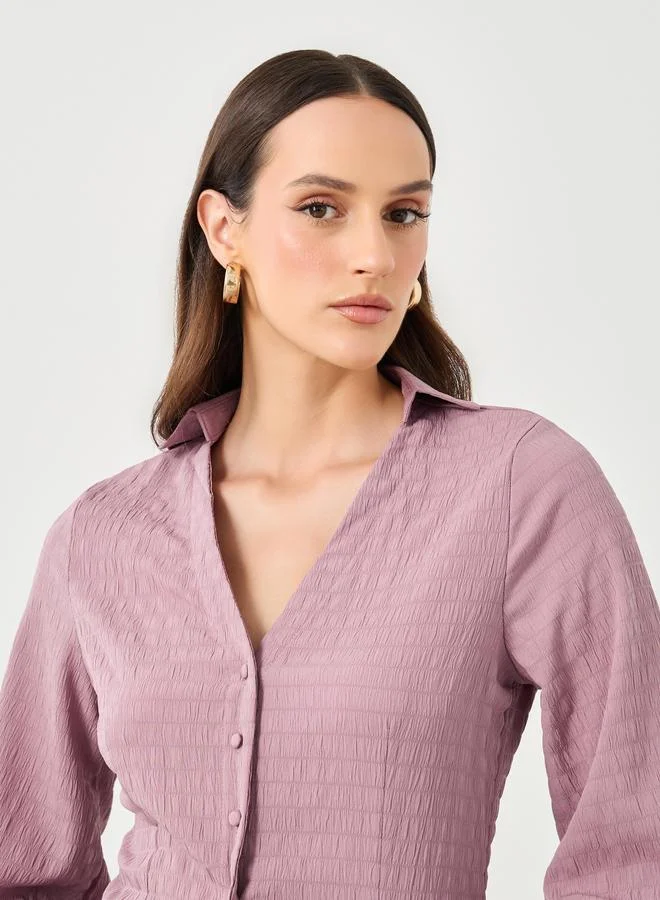 Styli Styli Purple Textured V-Neck Button Flared Sleeve Shirt