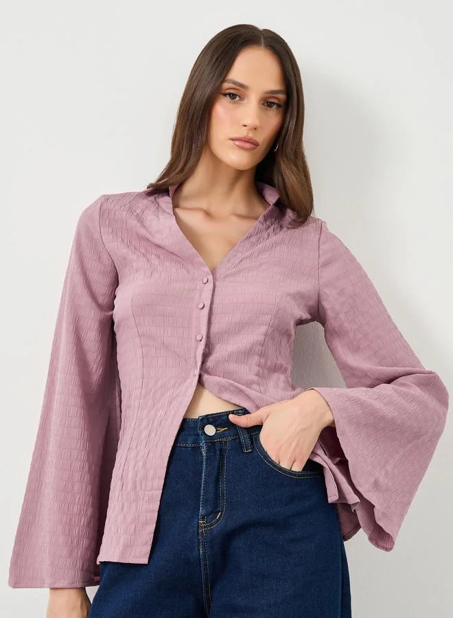 Styli Styli Purple Textured V-Neck Button Flared Sleeve Shirt