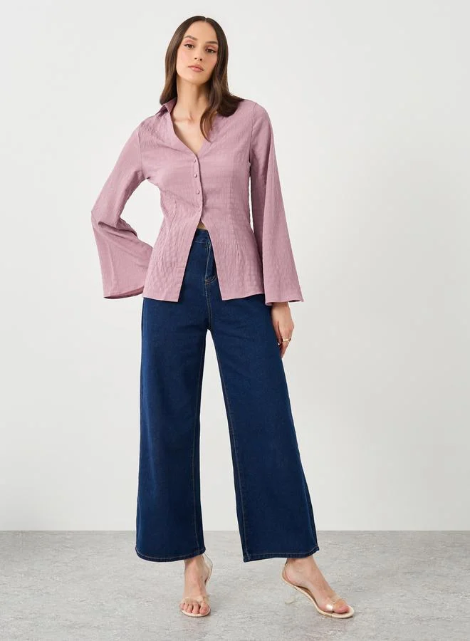 Styli Styli Purple Textured V-Neck Button Flared Sleeve Shirt