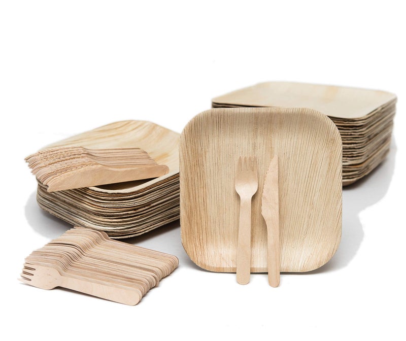 EVERMADEGREEN Bamboo Plates with Cutlery Set of 50 Plates 8in 50 Forks 50 Knives Biodegradable Palm Leaf Plates Disposable Dinner Plates Rustic Dinnerware for Christmas Wedding Party
