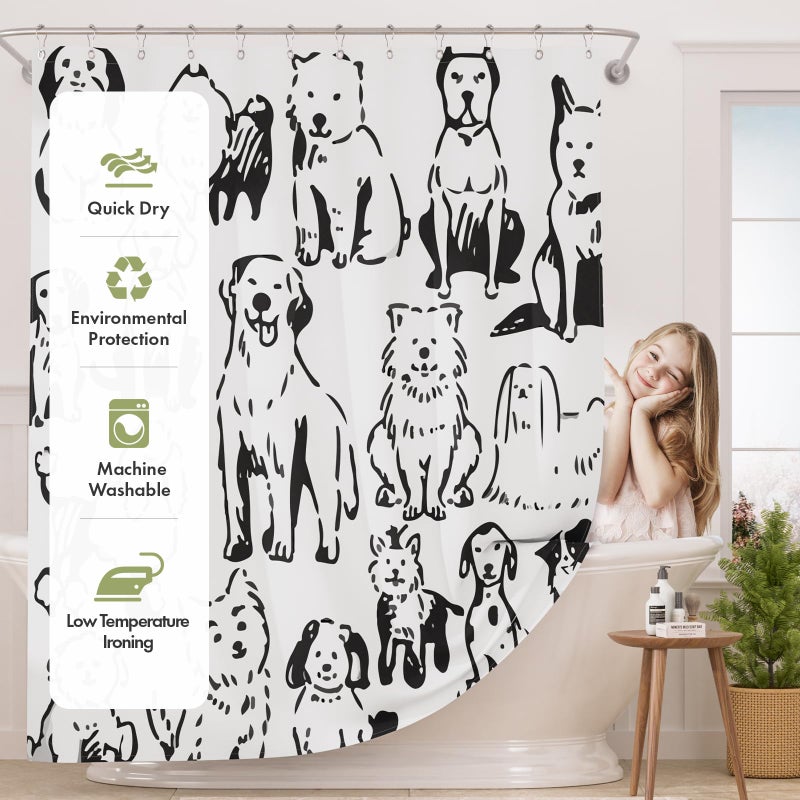 AmazerBath Shower Curtain, Washable Cloth Cute Dogs Kids White and Black Shower Curtain Set with 12 Shower Curtain Hooks, Kawaii Pet Puppy Waterproof Shower Curtains for Bathroom Decor, 72x72 Inches - Image 2