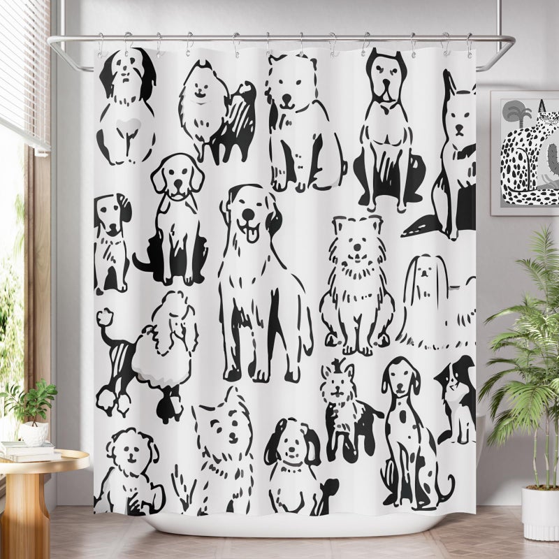 AmazerBath Shower Curtain, Washable Cloth Cute Dogs Kids White and Black Shower Curtain Set with 12 Shower Curtain Hooks, Kawaii Pet Puppy Waterproof Shower Curtains for Bathroom Decor, 72x72 Inches - Image 1