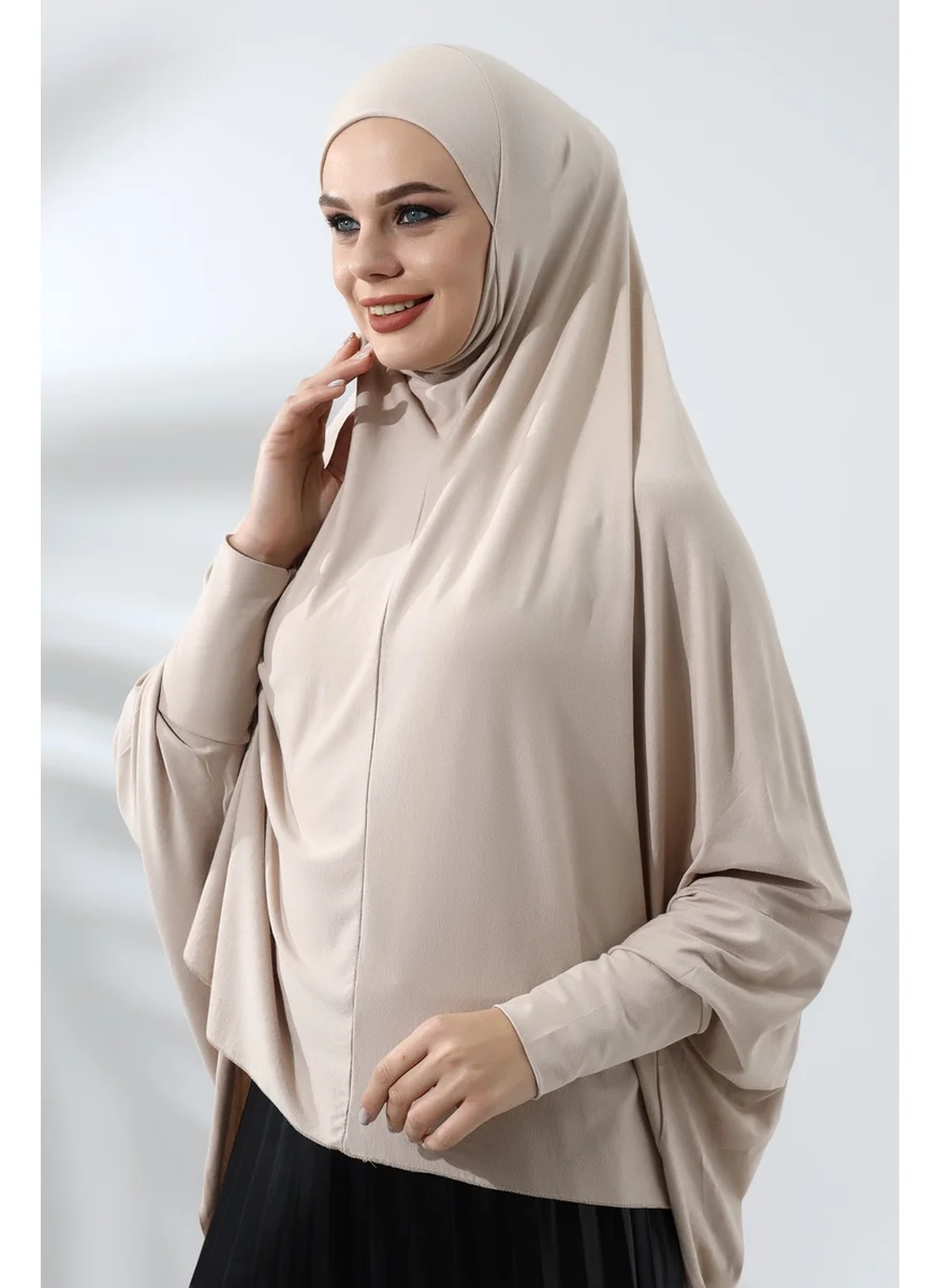 İhvan Online Beige Ready Practical Sultanbaş Hijab Sleeve Combed Cotton Soufflé Scarf Hijab