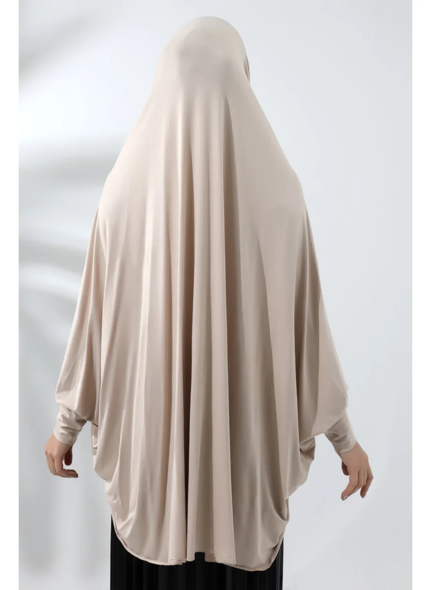 İhvan Online Beige Ready Practical Sultanbaş Hijab Sleeve Combed Cotton Soufflé Scarf Hijab