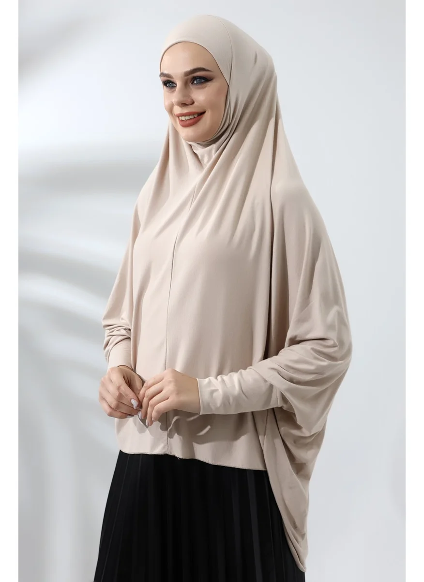 İhvan Online Beige Ready Practical Sultanbaş Hijab Sleeve Combed Cotton Soufflé Scarf Hijab