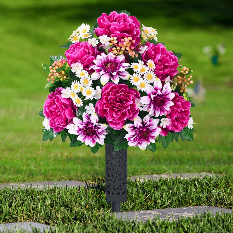 Dolicer Artificial Cemetery Flowers for Grave, Set of 2 Memorial Grave Flowers for Cemetery with Vase Realistic Silk Gravesites UV Resistant Peony Daisies Flowers Decorations (Red with White) - Image 1