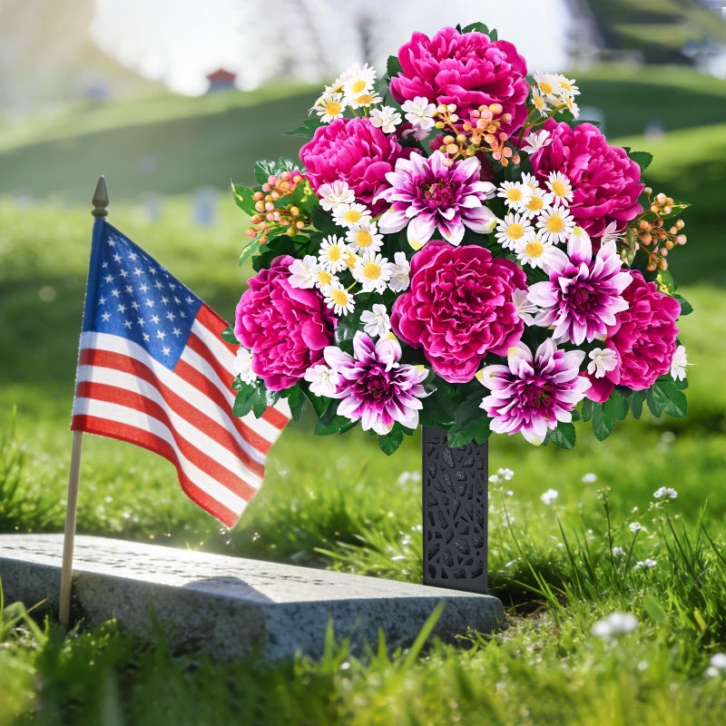 Dolicer Artificial Cemetery Flowers for Grave, Set of 2 Memorial Grave Flowers for Cemetery with Vase Realistic Silk Gravesites UV Resistant Peony Daisies Flowers Decorations (Red with White) - Image 4