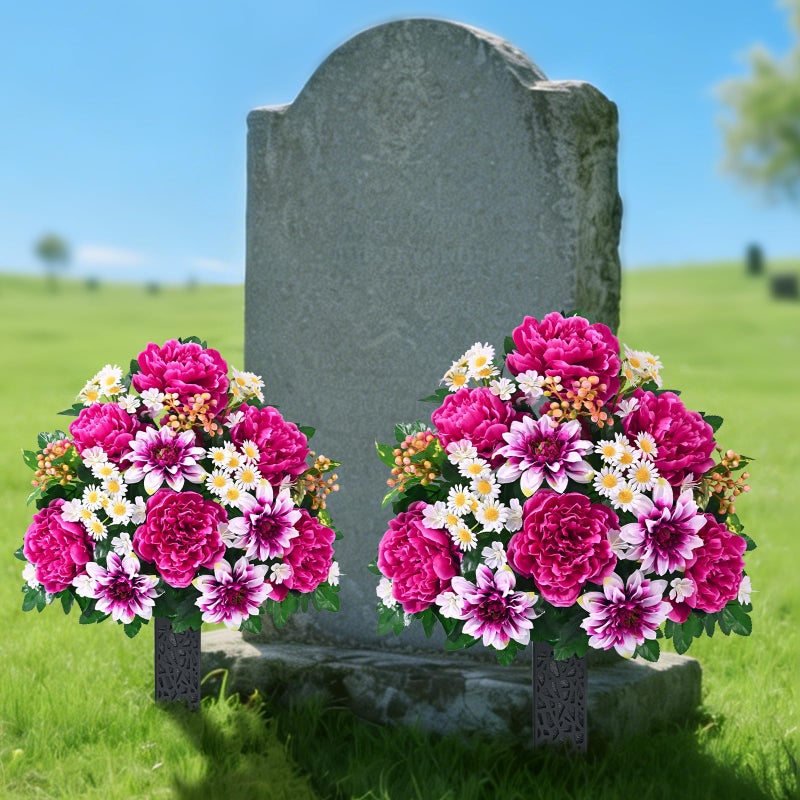 Dolicer Artificial Cemetery Flowers for Grave, Set of 2 Memorial Grave Flowers for Cemetery with Vase Realistic Silk Gravesites UV Resistant Peony Daisies Flowers Decorations (Red with White) - Image 5