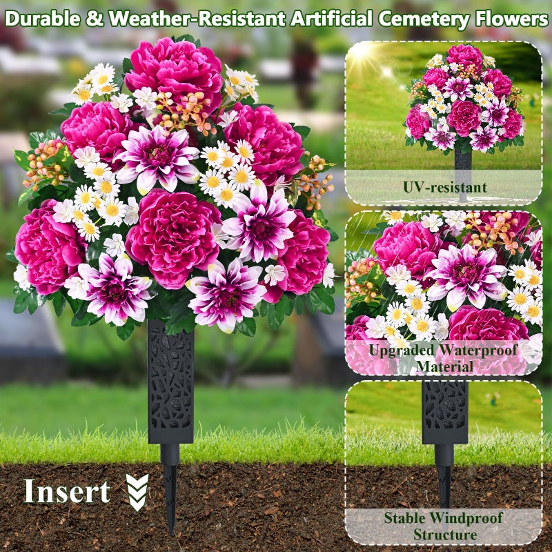 Dolicer Artificial Cemetery Flowers for Grave, Set of 2 Memorial Grave Flowers for Cemetery with Vase Realistic Silk Gravesites UV Resistant Peony Daisies Flowers Decorations (Red with White) - Image 3