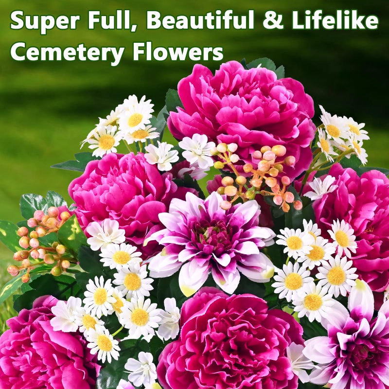 Dolicer Artificial Cemetery Flowers for Grave, Set of 2 Memorial Grave Flowers for Cemetery with Vase Realistic Silk Gravesites UV Resistant Peony Daisies Flowers Decorations (Red with White) - Image 2