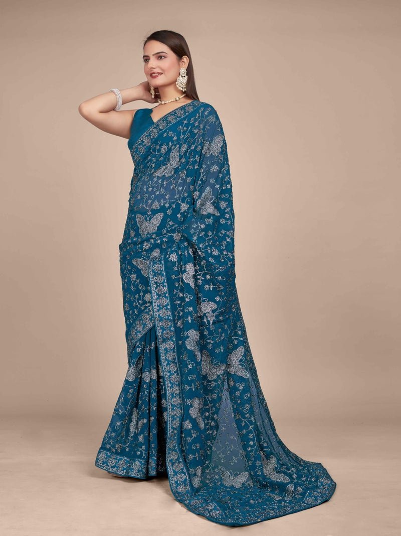 MANOHARI Georgette Most Trendy Embroidery Peacock Blue Saree For Women With Blouse Piece - Image 3
