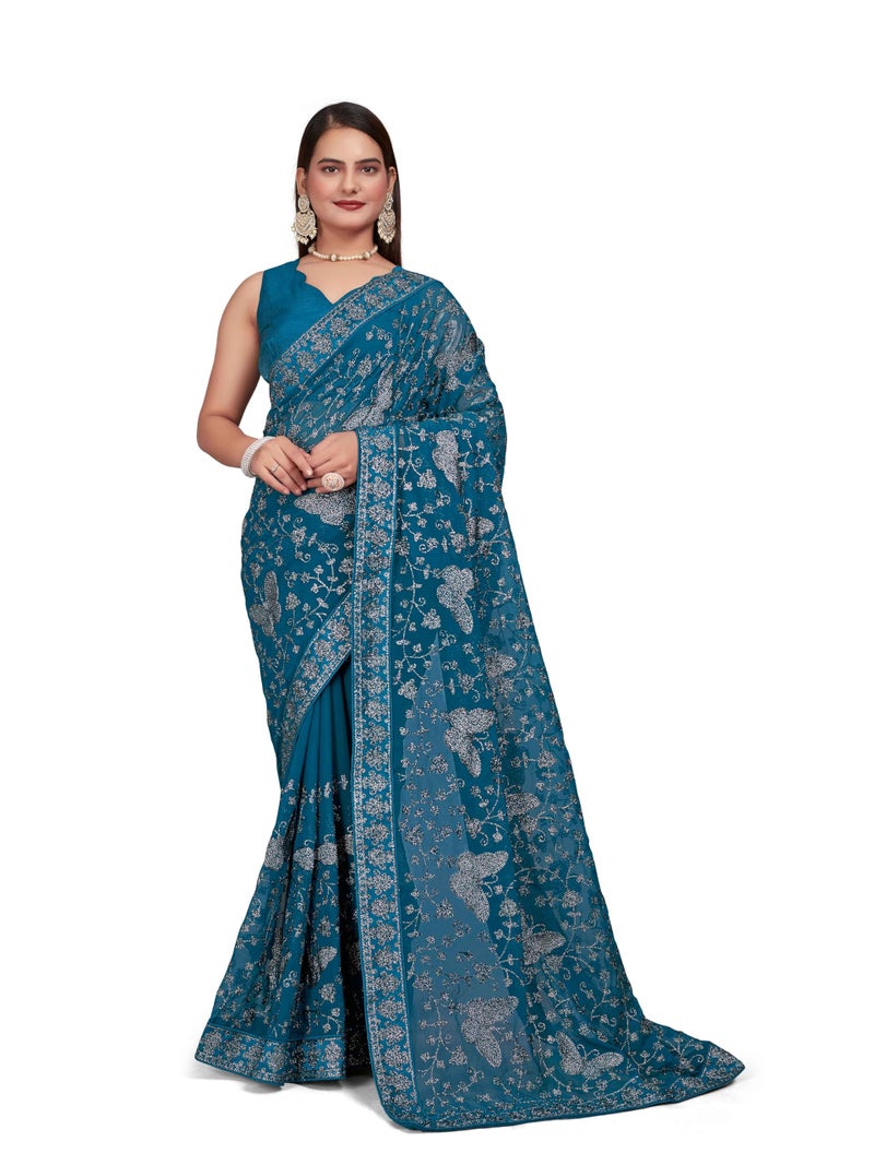 MANOHARI Georgette Most Trendy Embroidery Peacock Blue Saree For Women With Blouse Piece - Image 1