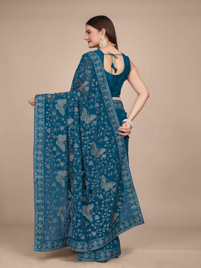 MANOHARI Georgette Most Trendy Embroidery Peacock Blue Saree For Women With Blouse Piece - Image 5