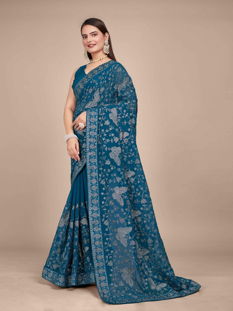 MANOHARI Georgette Most Trendy Embroidery Peacock Blue Saree For Women With Blouse Piece - Image 2
