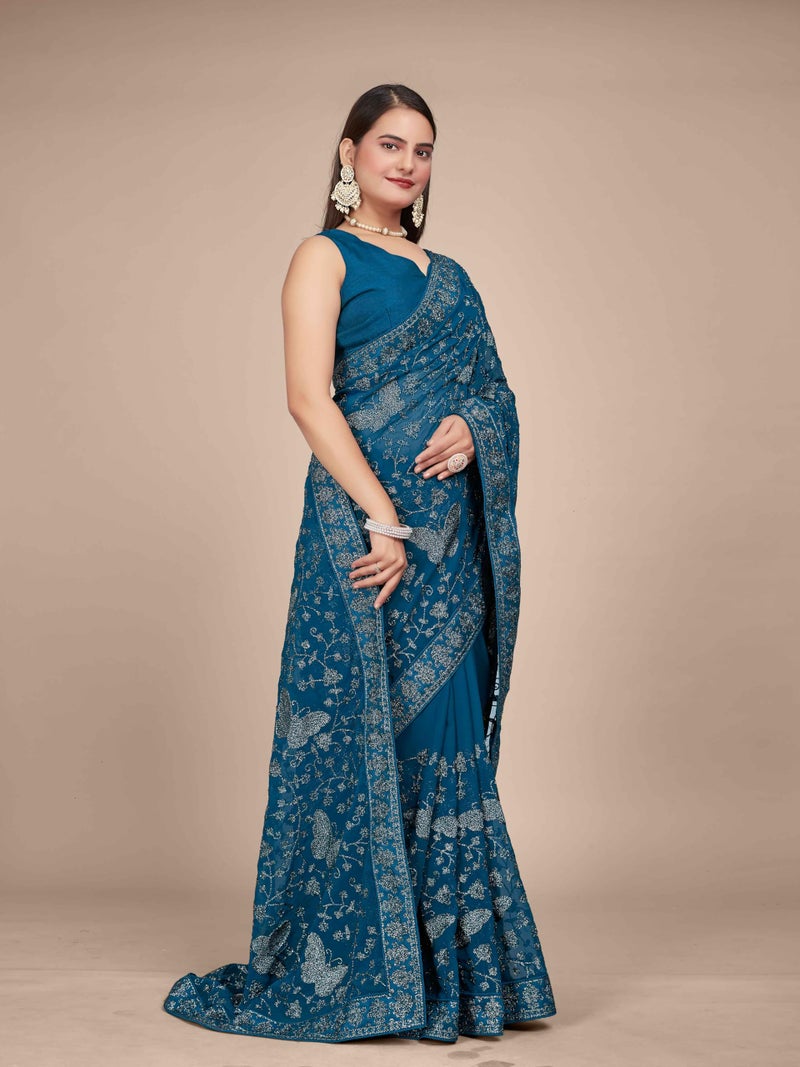 MANOHARI Georgette Most Trendy Embroidery Peacock Blue Saree For Women With Blouse Piece - Image 4