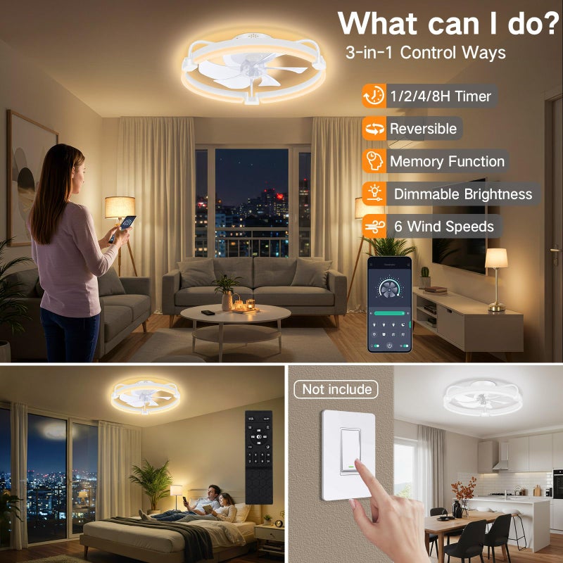 OUTON 20" Ceiling Fan with Light, Remote & App Control, Fandelier Low Profile Flush Mount Ceiling Fan with 3000K-6500K Stepless Dimmable, 6 Speed, Quiet DC Motor, Modern Ceiling Fans for Bedroom White - Image 3