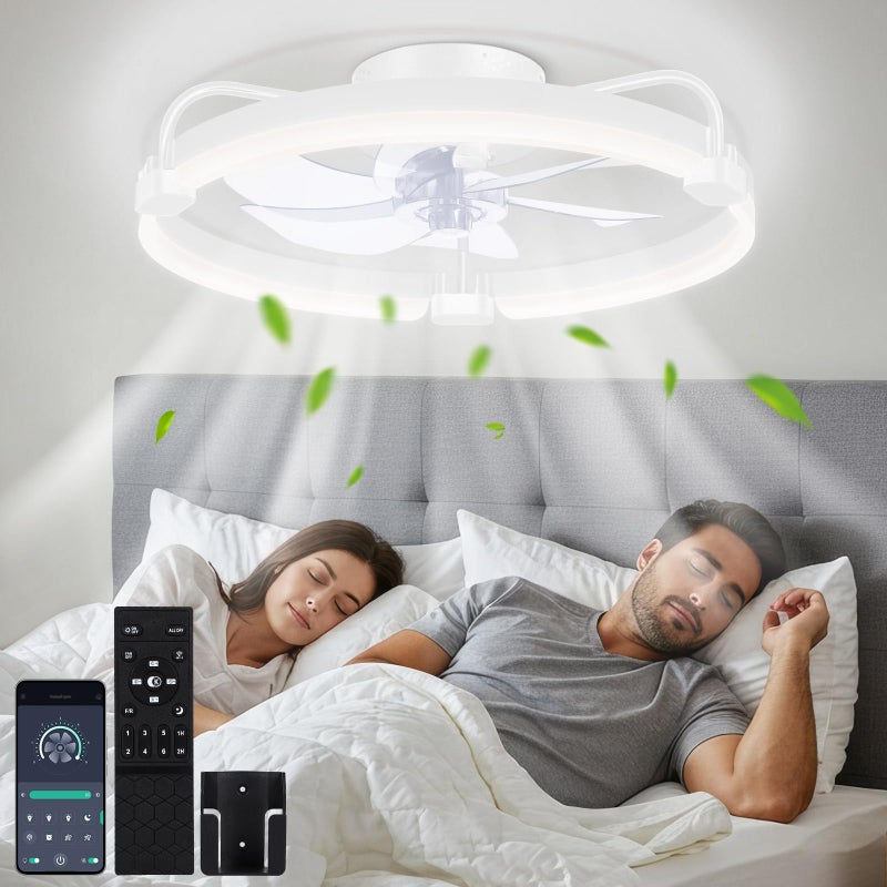 OUTON 20" Ceiling Fan with Light, Remote & App Control, Fandelier Low Profile Flush Mount Ceiling Fan with 3000K-6500K Stepless Dimmable, 6 Speed, Quiet DC Motor, Modern Ceiling Fans for Bedroom White - Image 1