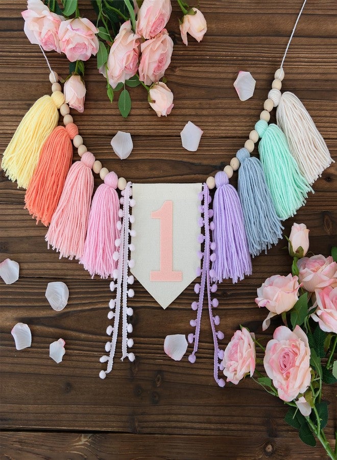 Ereniko Boho Macaron Handmade Extended 1st Birthday High Chair Banner Wild One First Highchair Banner for Baby Girls Wood Bead Tassel Garland 1 Birthday Party Decorations Photo Props 6 - Image 1