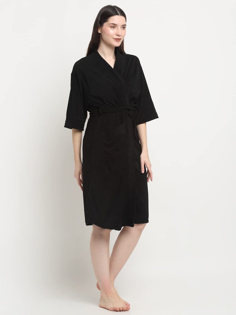 CREEVA Everyday Unisex Micro Terry Bathrobe Collection With kimono collar and 1 Pocket, 3/4 Sleeve Bath Robe Super Soft Light Weight - Black - Image 1