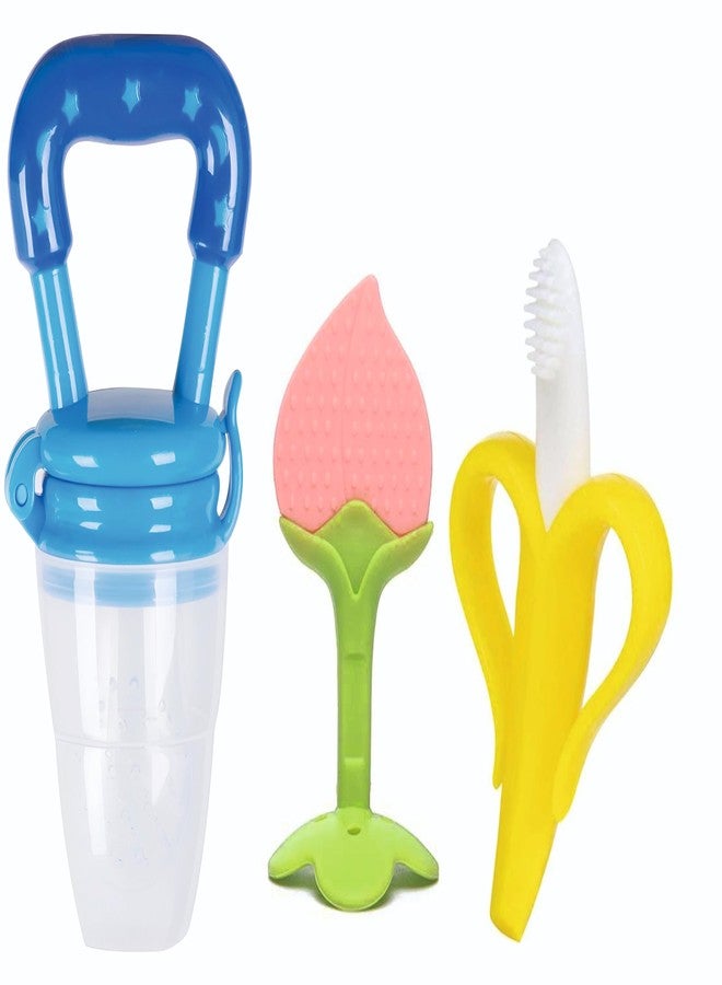 Roforuf Baby Banana Teether,Peach Teether & Fruit Feeder Combo – Safe & Soft Teething Relief & Oral Care Perfect for Newborn Toddlers & Infant Baby - Pack of 3 (Blue PCH) - Image 1