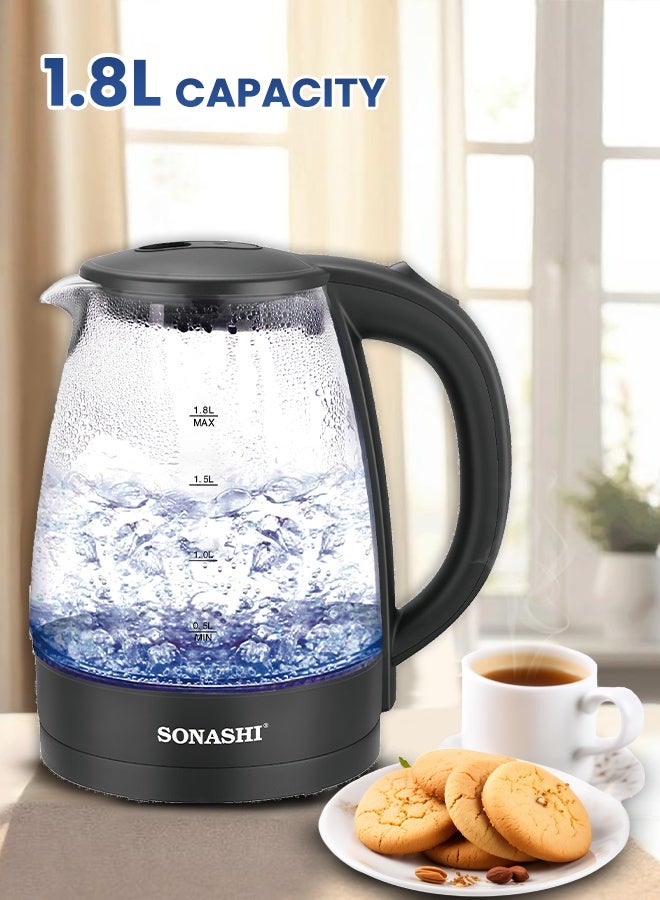 SONASHI 1.8L Cordless Glass Electric Kettle with Auto Shut-Off & Boil-Dry Protection | Borosilicate Glass Body with Concealed Heating Element | 1500W Fast Boil | Power On/Off Indicator | Instant Water Heater & Tea Maker | Sonashi SKT-1825 1.8 L 1500 W SKT-1825 black - Image 1