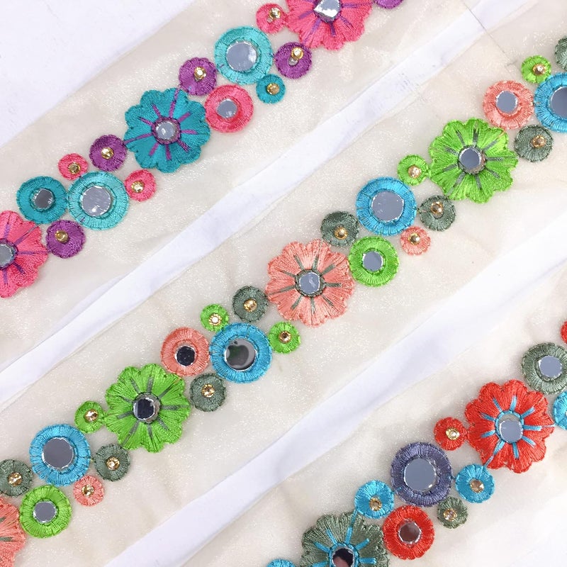 Lami 9 Meter Multicolour Resham Embroidery Trim Lace Border with Mirror & Diamond Stone Work Embroidered Lace on Beige Glass Nylon Base - Image 3