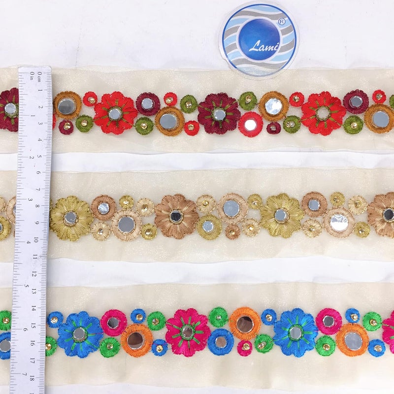 Lami 9 Meter Multicolour Resham Embroidery Trim Lace Border with Mirror & Diamond Stone Work Embroidered Lace on Beige Glass Nylon Base - Image 4