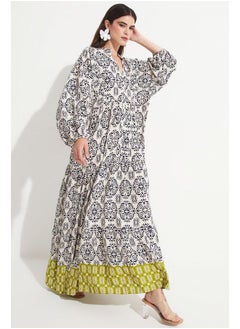 JUNE June Women 100% Viscose Patterned Wide Fit Maxi Dress Green - Navy  - Image 3