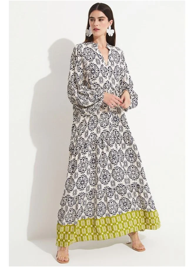 جون June Women 100% Viscose Patterned Wide Fit Maxi Dress Green - Navy