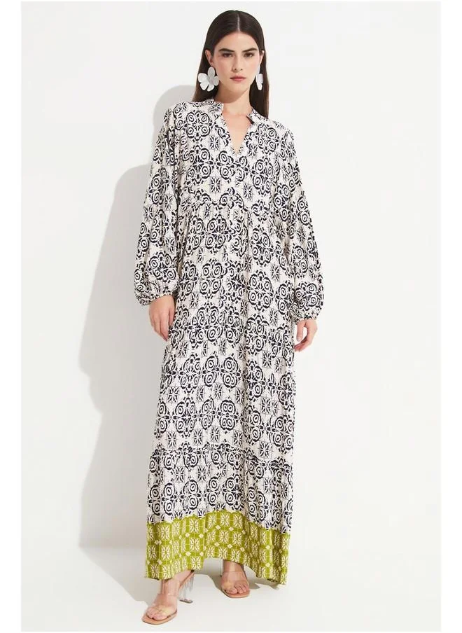 جون June Women 100% Viscose Patterned Wide Fit Maxi Dress Green - Navy