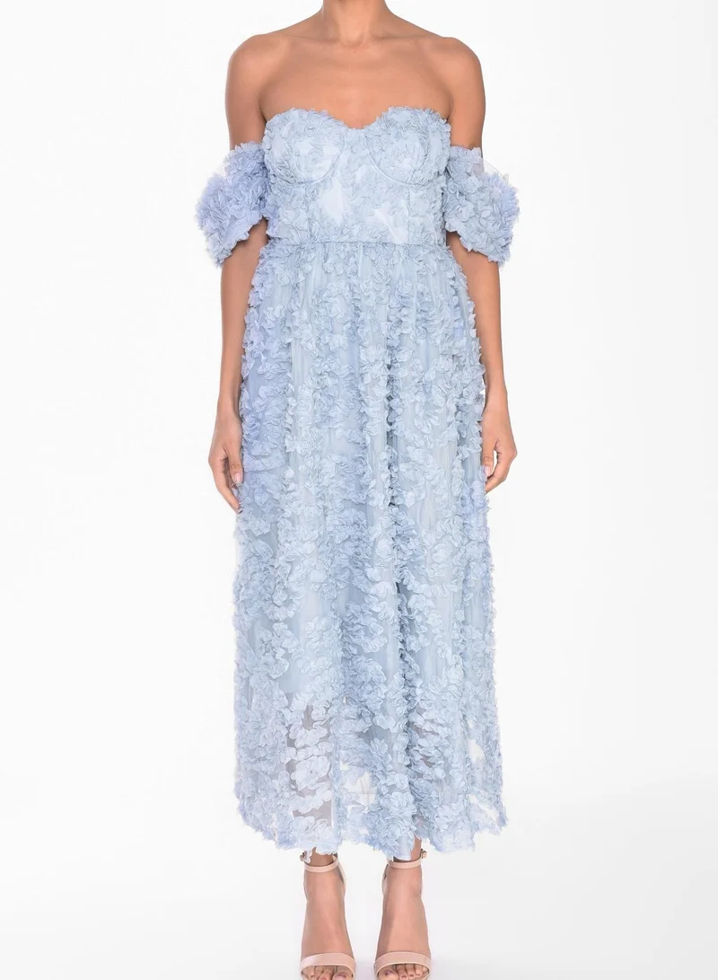 True Decadence Amelia Blue Applique Floral Bardot Midaxi Skater Dress