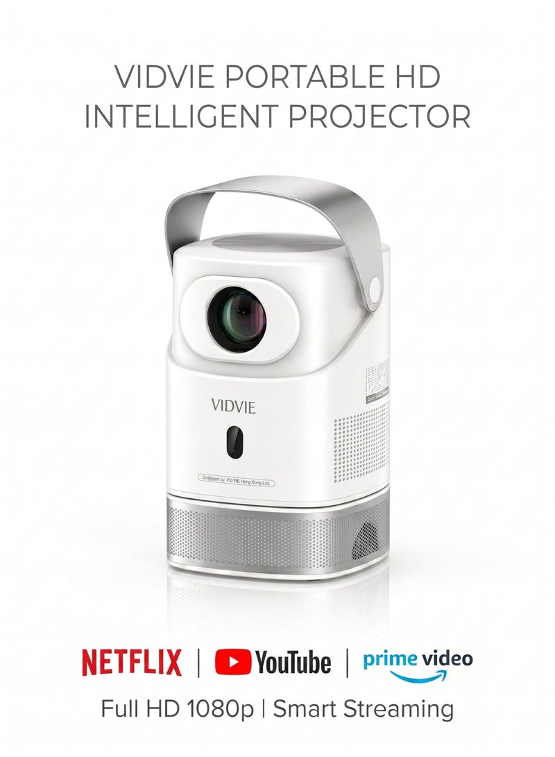 Vidvie Portable FULL HD Intelligent Projector - Smart Mini Movie Projector with Auto-Focus, Built-in Handle, HD Resolution - White - Image 1