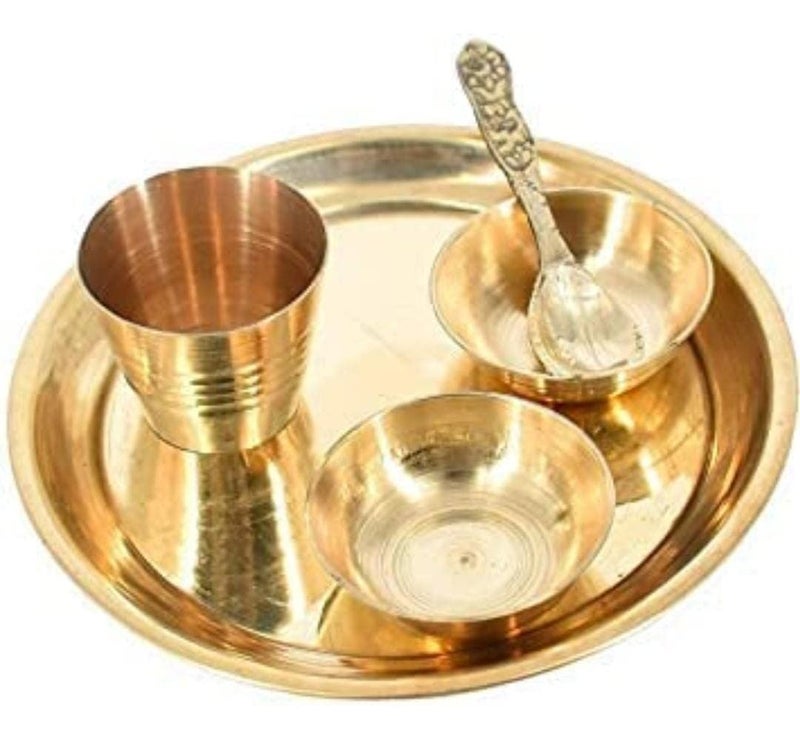 Anshraj Laddu Gopal kanha ji Thakur ji bhagwan Brass Pooja Bhog Thali Set 5 Pcs Plate Glass Bowl and Spoon for Home Temple Decor for All Festival Golden 4x4x1 Inch - Image 1