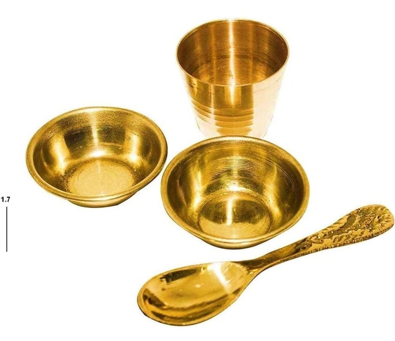 Anshraj Laddu Gopal kanha ji Thakur ji bhagwan Brass Pooja Bhog Thali Set 5 Pcs Plate Glass Bowl and Spoon for Home Temple Decor for All Festival Golden 4x4x1 Inch - Image 2