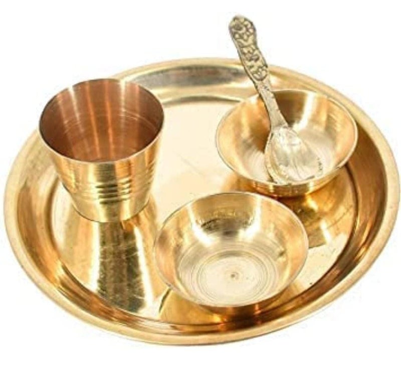 Anshraj Laddu Gopal kanha ji Thakur ji bhagwan Brass Pooja Bhog Thali Set 5 Pcs Plate Glass Bowl and Spoon for Home Temple Decor for All Festival Golden 4x4x1 Inch - Image 4