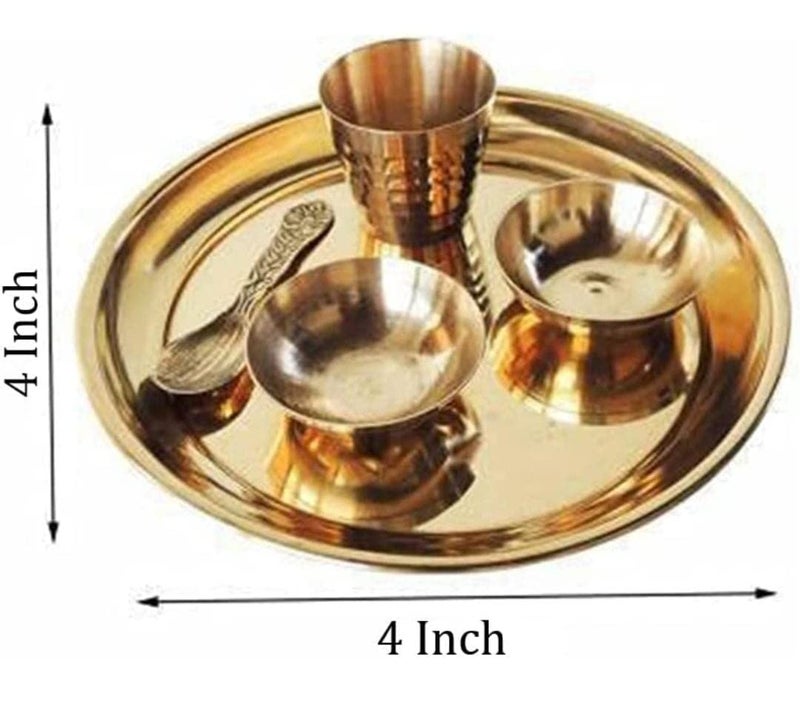 Anshraj Laddu Gopal kanha ji Thakur ji bhagwan Brass Pooja Bhog Thali Set 5 Pcs Plate Glass Bowl and Spoon for Home Temple Decor for All Festival Golden 4x4x1 Inch - Image 3