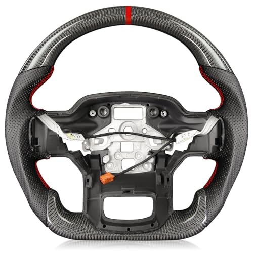 TESFEEL Steering Wheel for F150 Raptor 2021-2024 3K Real Carbon Fiber Steering Wheel with Heated D-shaped Flat-bottom Preforated Leather Grip Hand-Stitched Compatible with Raptor with Paddle Shifters - Image 1