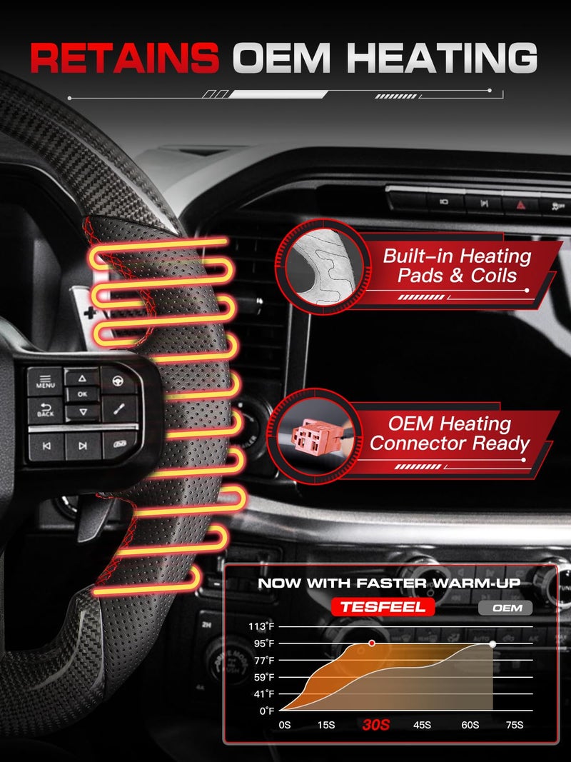 TESFEEL Steering Wheel for F150 Raptor 2021-2024 3K Real Carbon Fiber Steering Wheel with Heated D-shaped Flat-bottom Preforated Leather Grip Hand-Stitched Compatible with Raptor with Paddle Shifters - Image 3