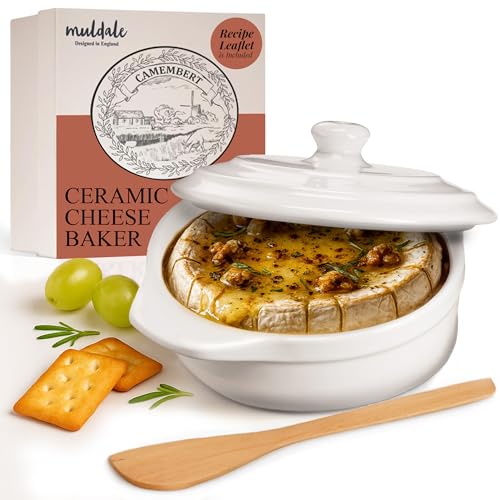 Muldale Brie Baker with Lid and Spreader - Camembert Baker Crock in White - Free from Lead Ceramic Baking Dish - 5.5” - Fits Standard Camembert Wheel - Image 1