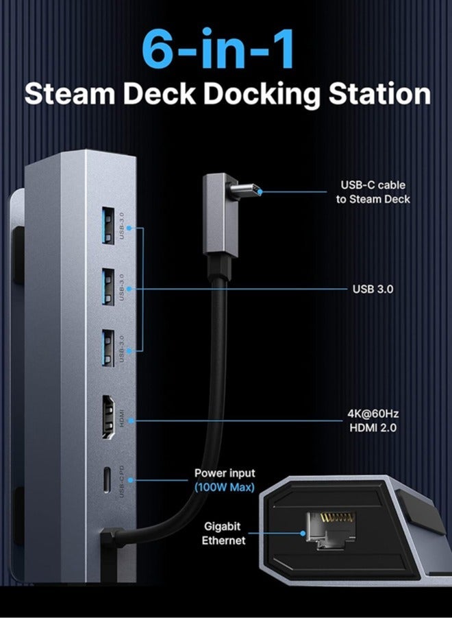 محطة إرساء لجهاز Steam Deck ROG Ally، 6 في 1 محطة إرساء مع HDMI 2.0 4K@60Hz، Ethernet Gigabit بسرعة 1000Mbps، 3 USB-A 3.0 ومنفذ USB-C للشحن السريع متوافق مع Valve Steam Deck - Image 2