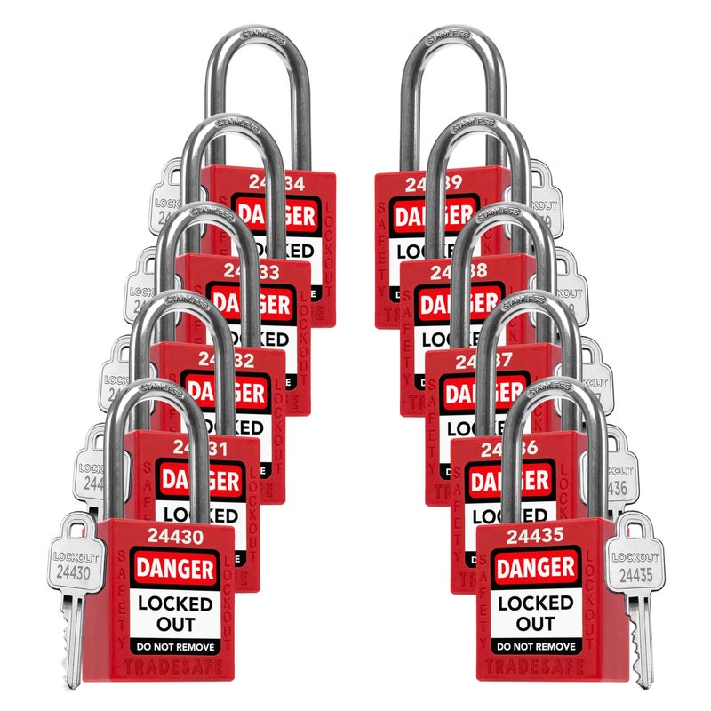 TRADESAFE Lockout Tagout Locks Set - 10 Red Loto Locks, Lockout Locks Keyed Different, 1 Key Per Lock, OSHA Compliant Lock Out Tag Out Padlocks, Safety Padlocks for Electrical Lockout Tag Out Kits - Image 1