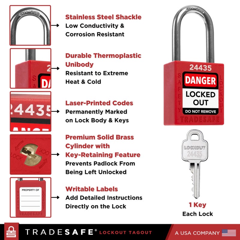 TRADESAFE Lockout Tagout Locks Set - 10 Red Loto Locks, Lockout Locks Keyed Different, 1 Key Per Lock, OSHA Compliant Lock Out Tag Out Padlocks, Safety Padlocks for Electrical Lockout Tag Out Kits - Image 3