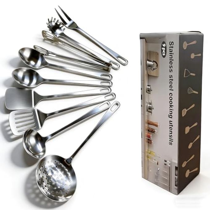 9 Pcs Cooking Utensils Set, Stainless Steel Kitchen Utensils, Heat Resistant Metal Kitchen Tools Include Solid & Slotted Turner Wok Spatula, Serving Spoon, Ladle, Pasta Server, Meat Fork, Tongs Silver